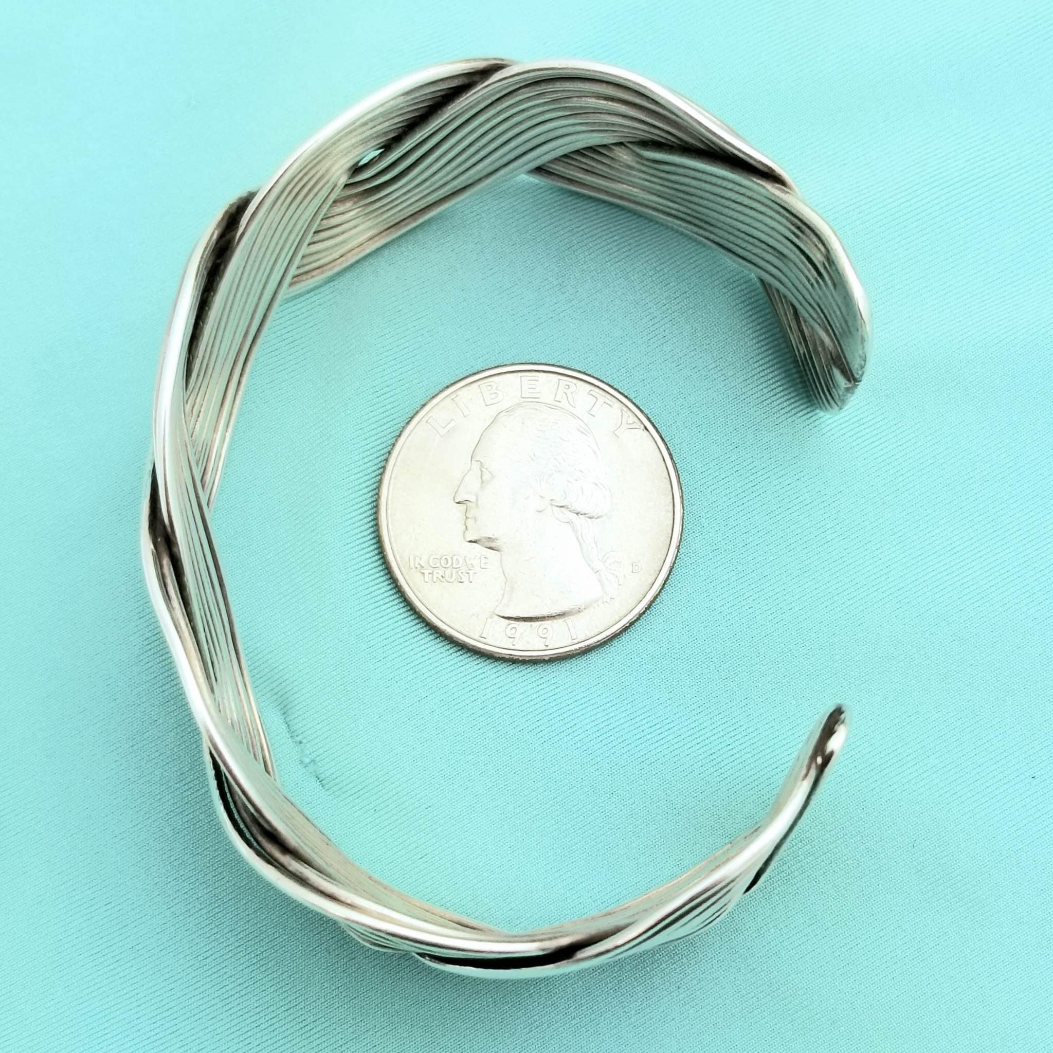ヴィンテージ！Silver Wavy Curve ブレスレット Sterling Silver Braided Wave Cuff Bracelet-925-heavy-1