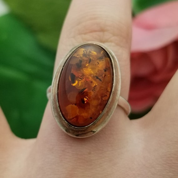 Silver LARGE Oval Baltic Amber Ring-Sterling-Natu… - image 2