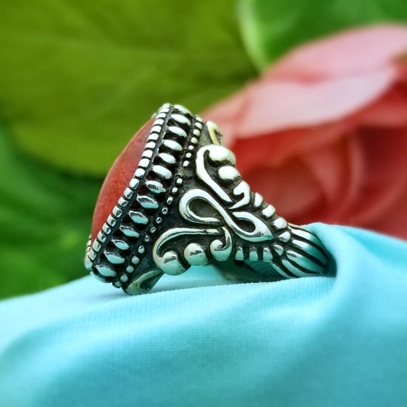 Silver Chinese Red Coral Filigree Ring-925-Sterli… - image 6