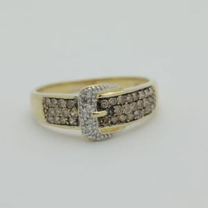 Vintage 1990’s 10K Yellow Gold Belt Ring w/ Champagne & White Diamonds-Size 9.0