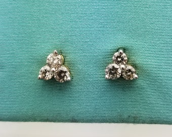 14K Triple Diamond Cluster Earrings, Vintage, 0.25 CTW, Great Quality Diamonds