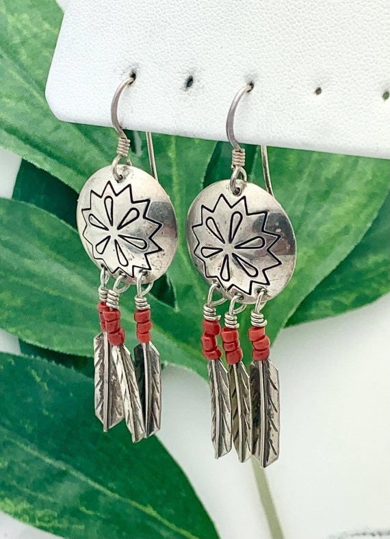 Native American Inspired Sterling Feather & Coral… - image 2