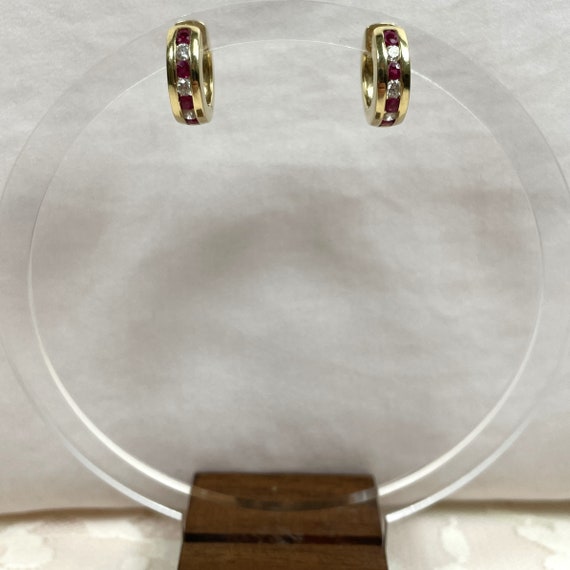 14K Genuine Ruby and Diamond Huggie Earrings, 5/8… - image 2