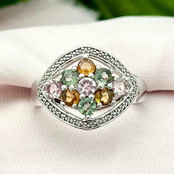Silver Multi-Gemstone Cluster Ring-Sterling Silve… - image 1