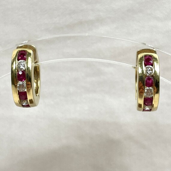 14K Genuine Ruby and Diamond Huggie Earrings, 5/8… - image 7