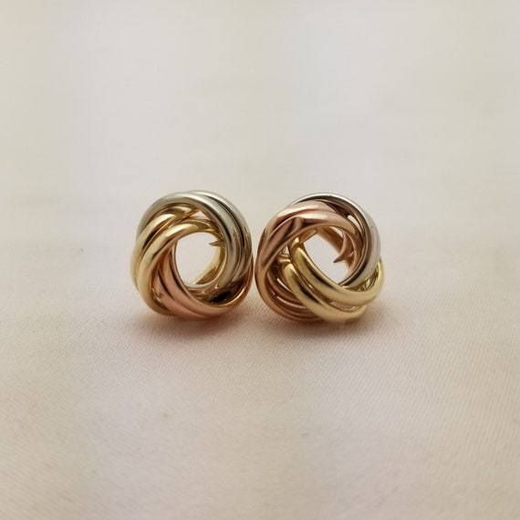 10K Tri-Color Gold Love Knots Earrings, White, Ro… - image 4