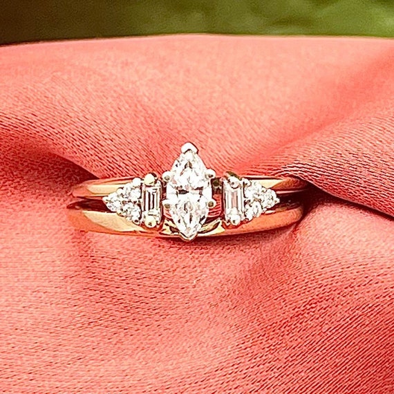 14K Gold Marquise Diamond Estate Bridal Set-Ring … - image 1