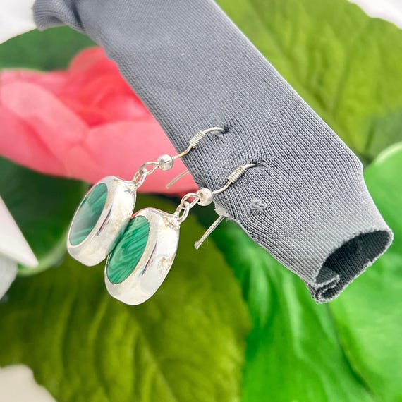 Silver Malachite Circle Dangle Earrings-Sterling-… - image 3