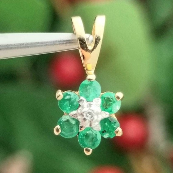 14K Dainty Round Synthetic Emerald and CZ Flower … - image 2