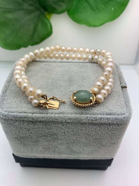 14K Gold Jadeite Clasp Double Pearl Strand Bracel… - image 4