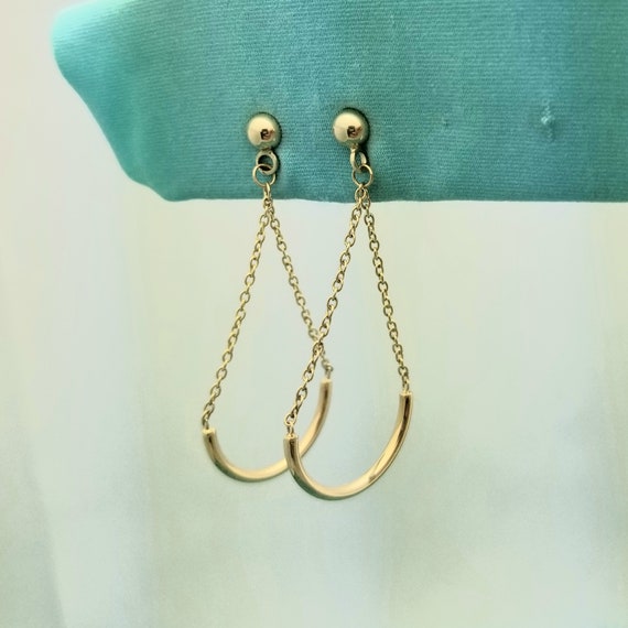 14K Gold Half-Moon Chain Dangle Earrings, Swing a… - image 1