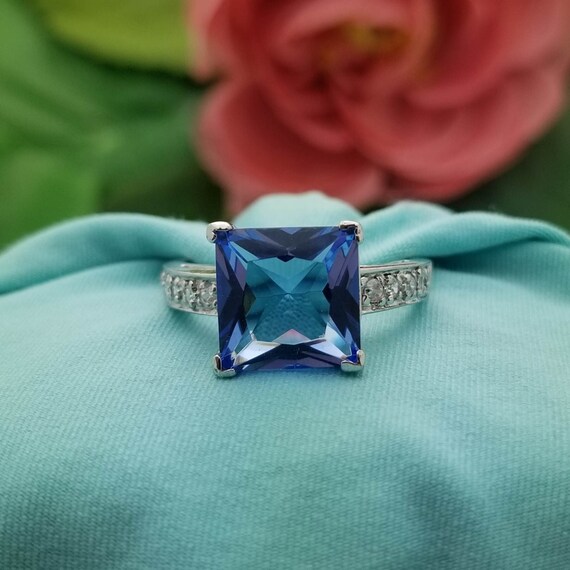 Vintage Sterling Silver Princess Cut Blue Cubic Z… - image 1