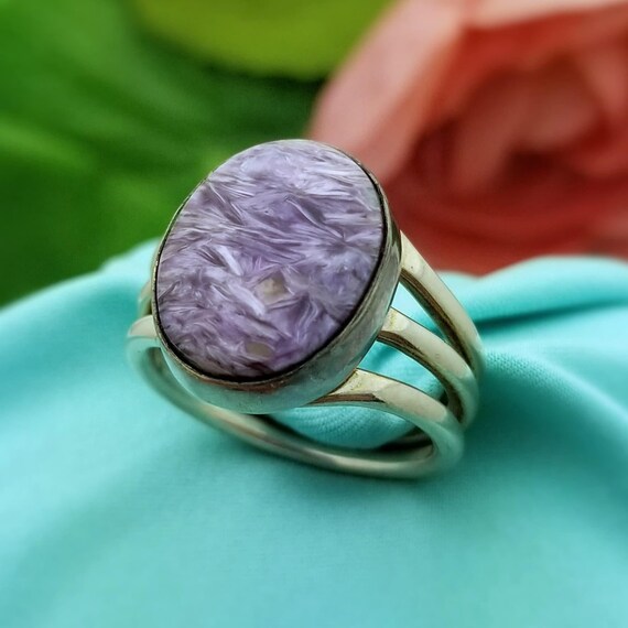 Silver Oval Purple Charoite Split Shank Ring-925-… - image 4