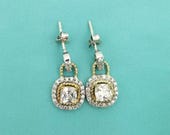 Sterling Silver Dangle Drop Earrings with Large Clear Stones, 3/4", Vintage