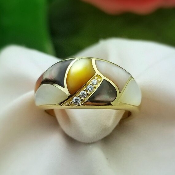 14K Gold Kabana Mosaic Mother of Pearl Diamond Ring, Dome-10mm