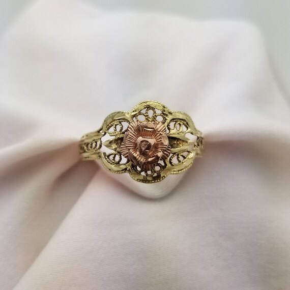 10K Rose and Yellow Gold Filigree Ring, Vintage, … - image 4