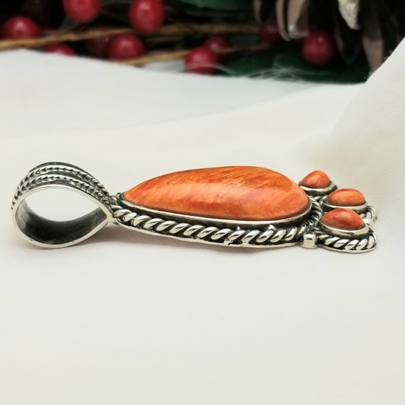 Silver and Vibrant Orange Coral Necklace Pendant-… - image 3