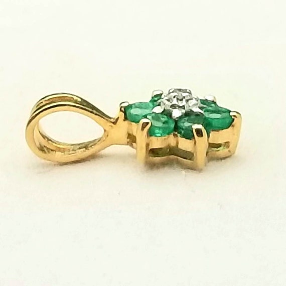 14K Dainty Round Synthetic Emerald and CZ Flower … - image 3