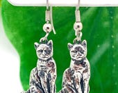 Sterling Cat Dangle Earrings- Vintage, Estate- 1.5" Long x 1/2" Wide- Engraved