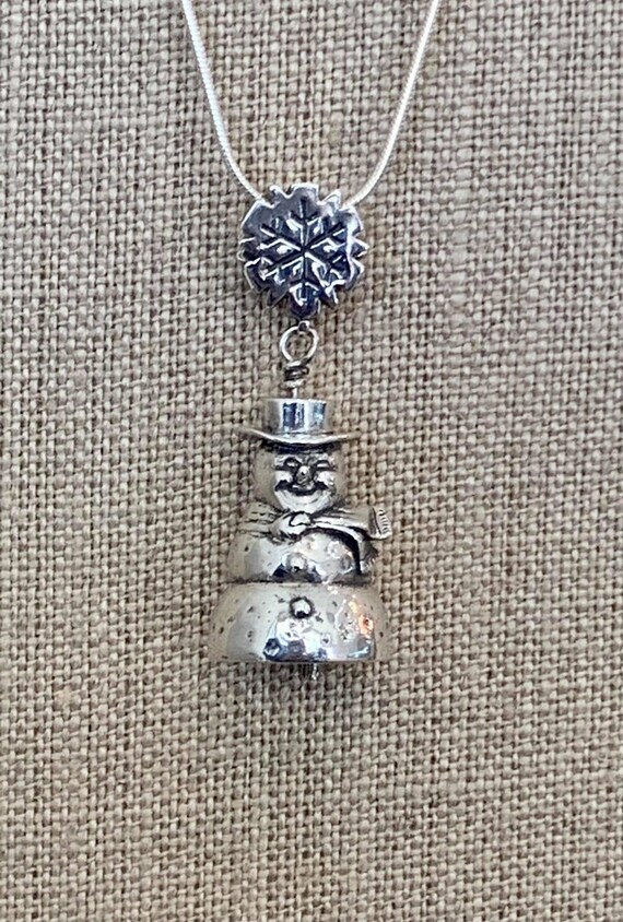 Silver Snowman Snowflake Bell Necklace- Vintage- … - image 1