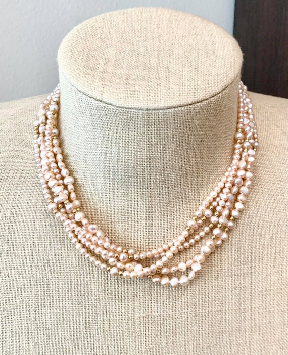 14K Gold Bead & Pink Pearl 5 Strand Necklace- Vint