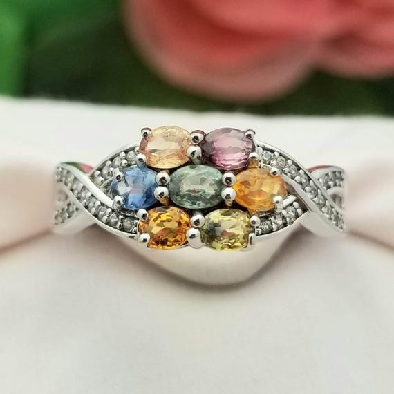 Silver Multi-Gemstone Cluster Crossover Ring-Ster… - image 3