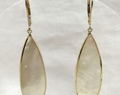 14K Capiz Shell Dangle Earrings, Teardrops, Vintage Yellow Gold , 2.25" Drop, Natural Oyster Shell
