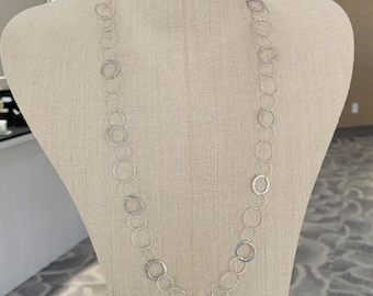 Vintage Sterling Silver Circle Link Long Necklace-Estate-Diamond Cut-Hollow-30''