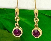 8K Gold Amethyst Dangle Earrings- Germany- Round- Natural- Vintage