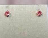 14K Pink CZ Studs, Vintage Yellow Gold, Dainty Estate Earrings, 4mm Stones, Pink Ice Gift for Girl, October