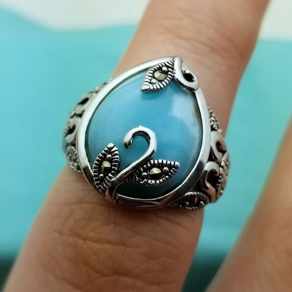 Sterling Silver Larimar Ring - Filigree Rectangle Gemstone Ring For Women & Teens