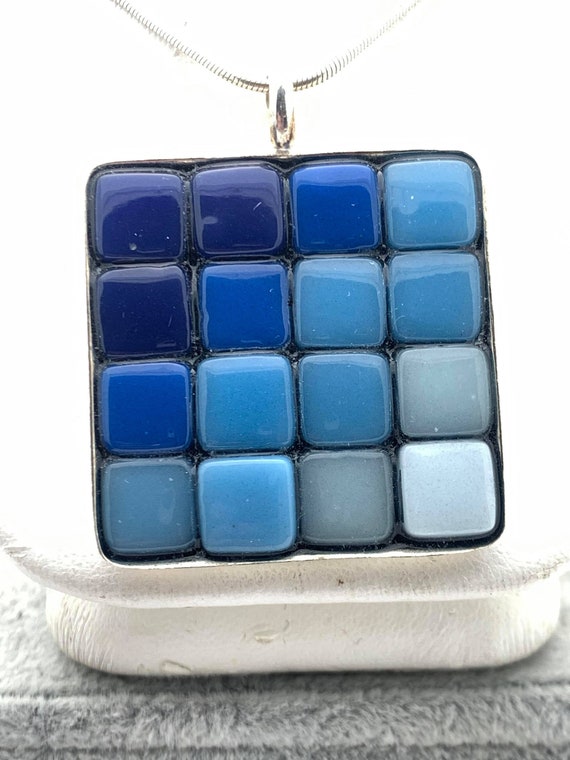 Sterling Blue Glass Tile Necklace, Signed Art Pie… - image 1