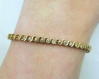 14K Diamond Tennis Bracelet-Yellow Gold-Earth Mined-1.25TCW-7.25&#39;&#39; Long-Vintage, S-Link, Diamond Bar