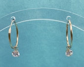 14K Yellow Gold Hoops with Dangle CZ Stone, Estate Piece, 3/4" Diameter