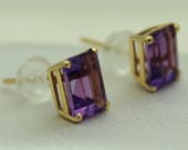 14K Amethyst Stud Earrings, Emerald Cut, Yellow Gold, Vintage, Large Studs