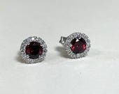 10K White Gold Garnet and Halo Diamond Earring Studs, Vintage, Estate, 0.5CTW, Natural Diamonds, January Birthstone