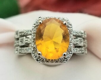 Silver LARGE Orange Oval Glass Stone Halo Statement Ring-925-Sterling-Vintage