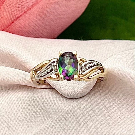 10K Mystic Rainbow Topaz Diamond Ring-RARE-Vintage