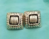 Vintage Chunky Sterling Silver Square Statement Earrings-Fluted Design- Mexico