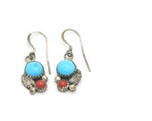 Vintage 1960s 925SS Turquoise Coral Native American Drop Earrings-1.3”L