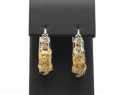 Vintage 2000’s Sterling Silver Two-Toned Cat Elongated Hoop Earrings-1.1” Long