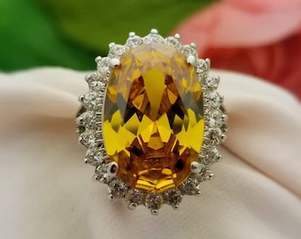 Silver Oval Orange Glass Cubic Zirconia Halo Ring-Sterling-3/4'' Glass-Vintage