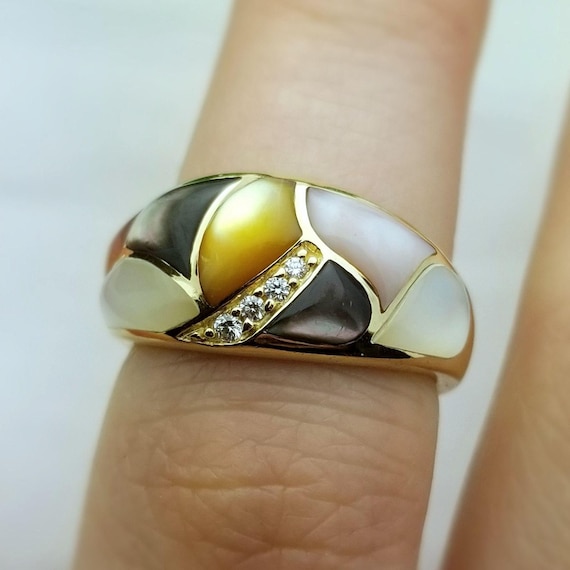 14K Gold Kabana Mosaic Mother of Pearl Diamond Ring, Dome-10mm