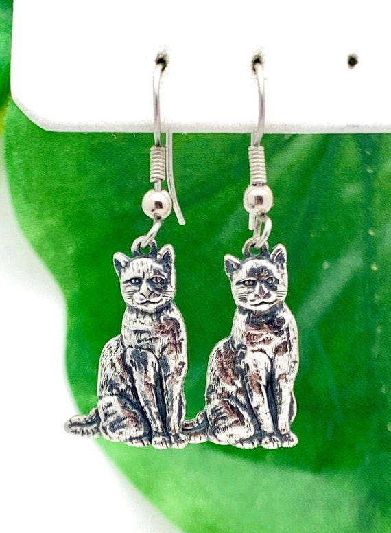 Sterling Cat Dangle Earrings- Vintage, Estate- 1.5