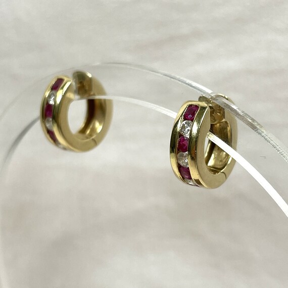 14K Genuine Ruby and Diamond Huggie Earrings, 5/8… - image 1