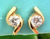 Gold Plated Cubic Zirconia Bypass Stud Earrings-925-Sterling-Bypass Setting-5mm