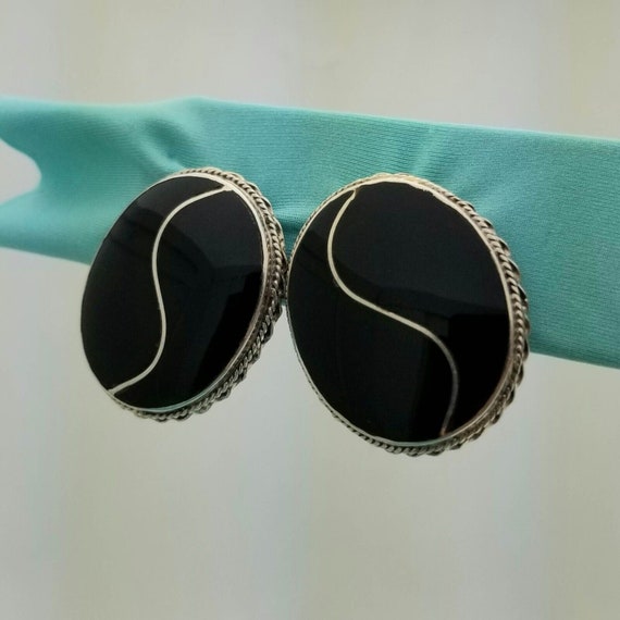 Vintage Sterling Silver Very Large Black Onyx Ova… - image 1