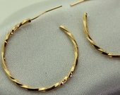 Gold Plated Twisted Hoop Earrings, Thin, Textured, Vintage Hoops, Estate