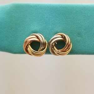 10K Tri-Color Gold Love Knots Earrings, White, Rose, Yellow, Vintage