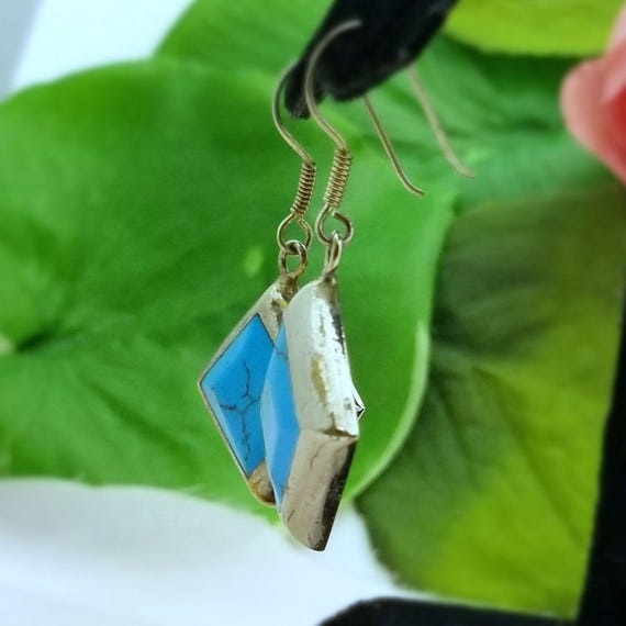 Silver Diamond Shape Turquoise Dangle Earrings-St… - image 2